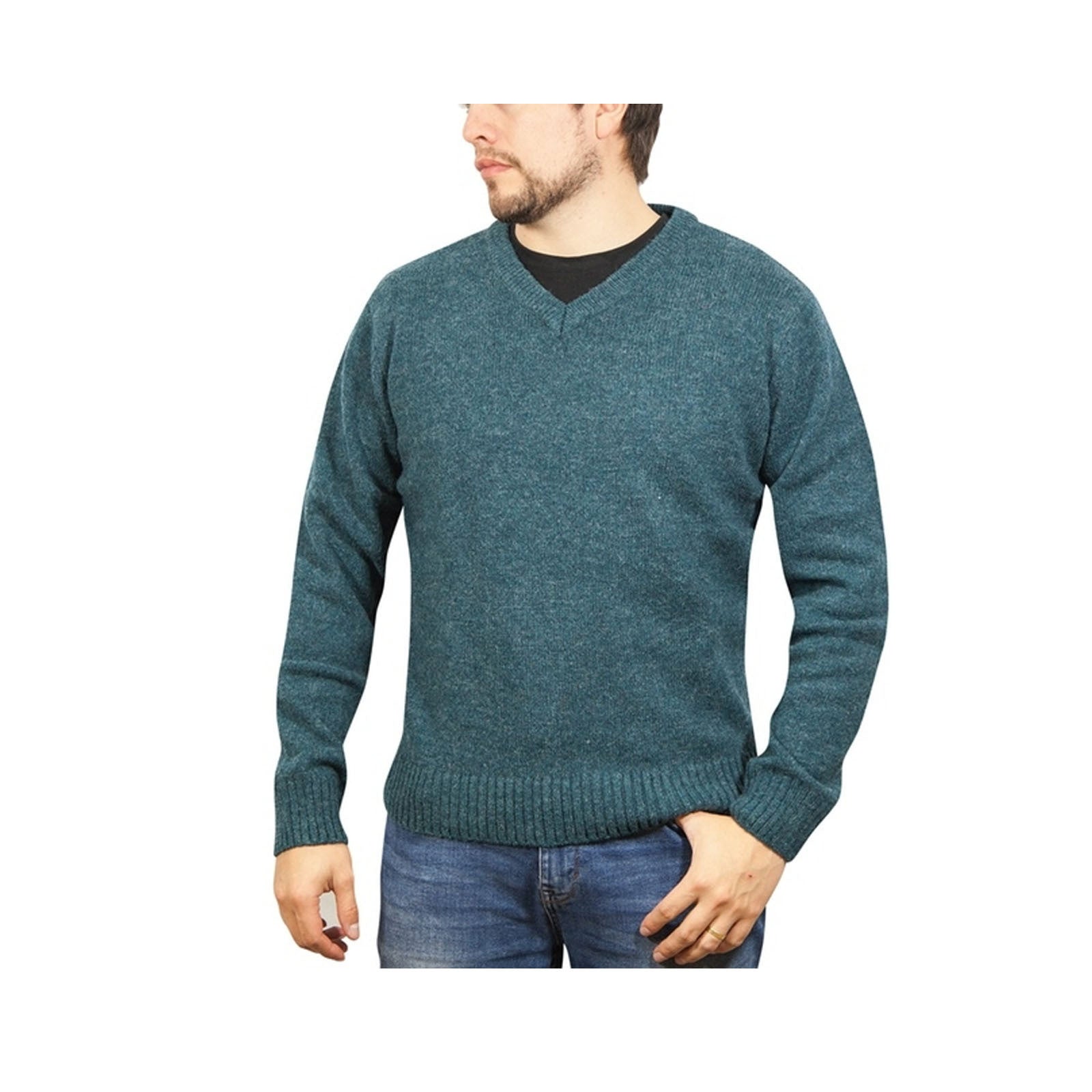 100% Shetland Wool V Neck Knit Jumper Pullover Mens Sweater Knitted - Sherwood (32) - S Secondary image