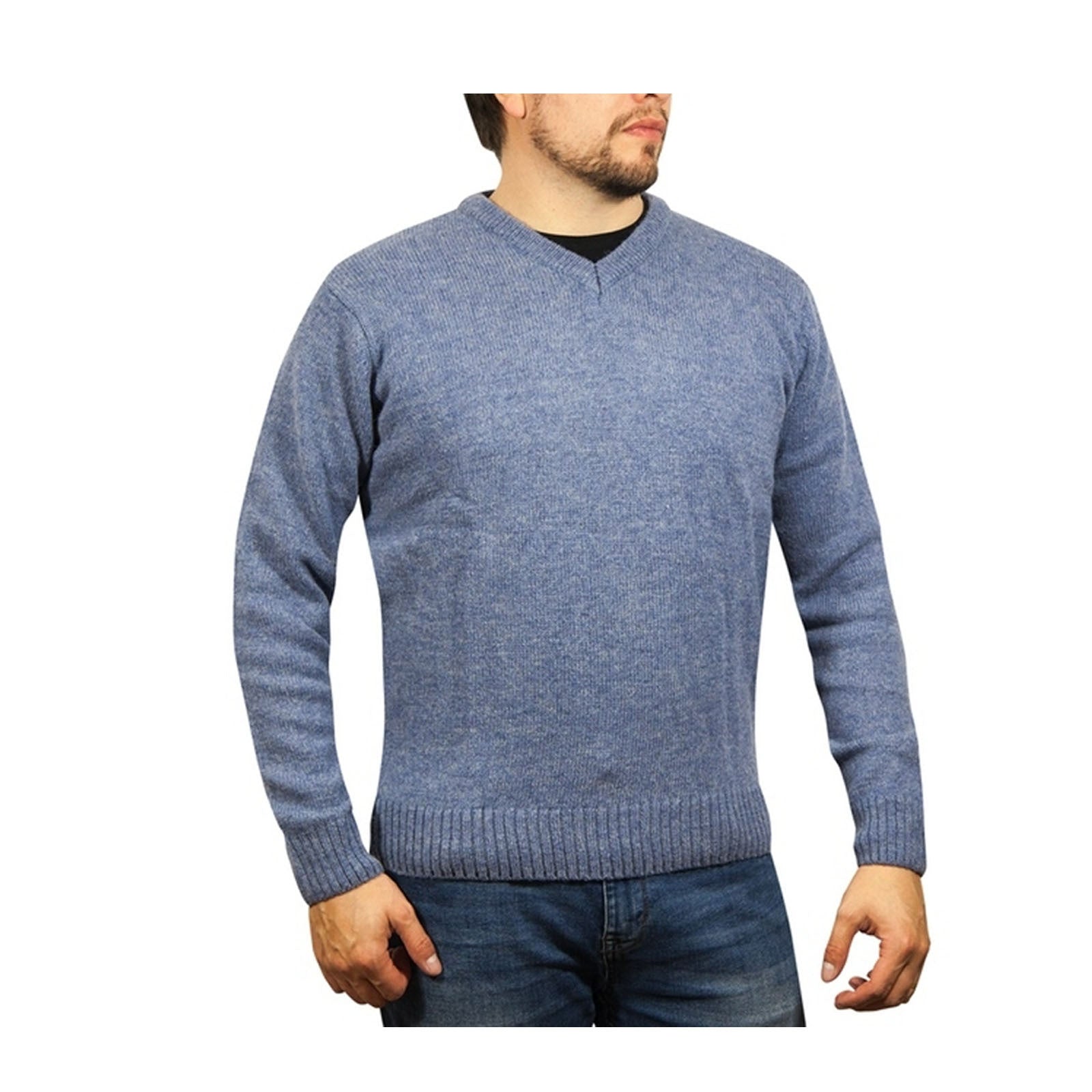 100% Shetland Wool V Neck Knit Jumper Pullover Mens Sweater Knitted - Sky (40) - M Main image