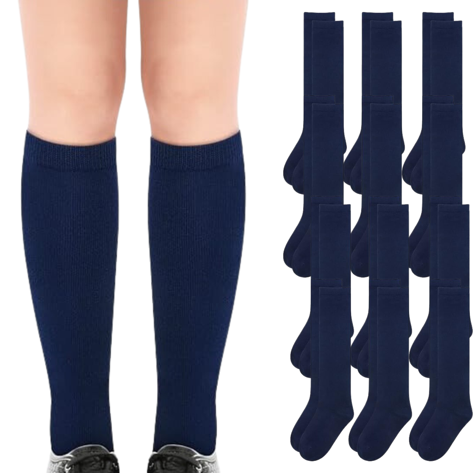 12x Pairs School Uniform Knee High Socks Cotton Rich Girls Boys Kids Bulk - Navy - 9-12 (5-8 Years Old) Main image