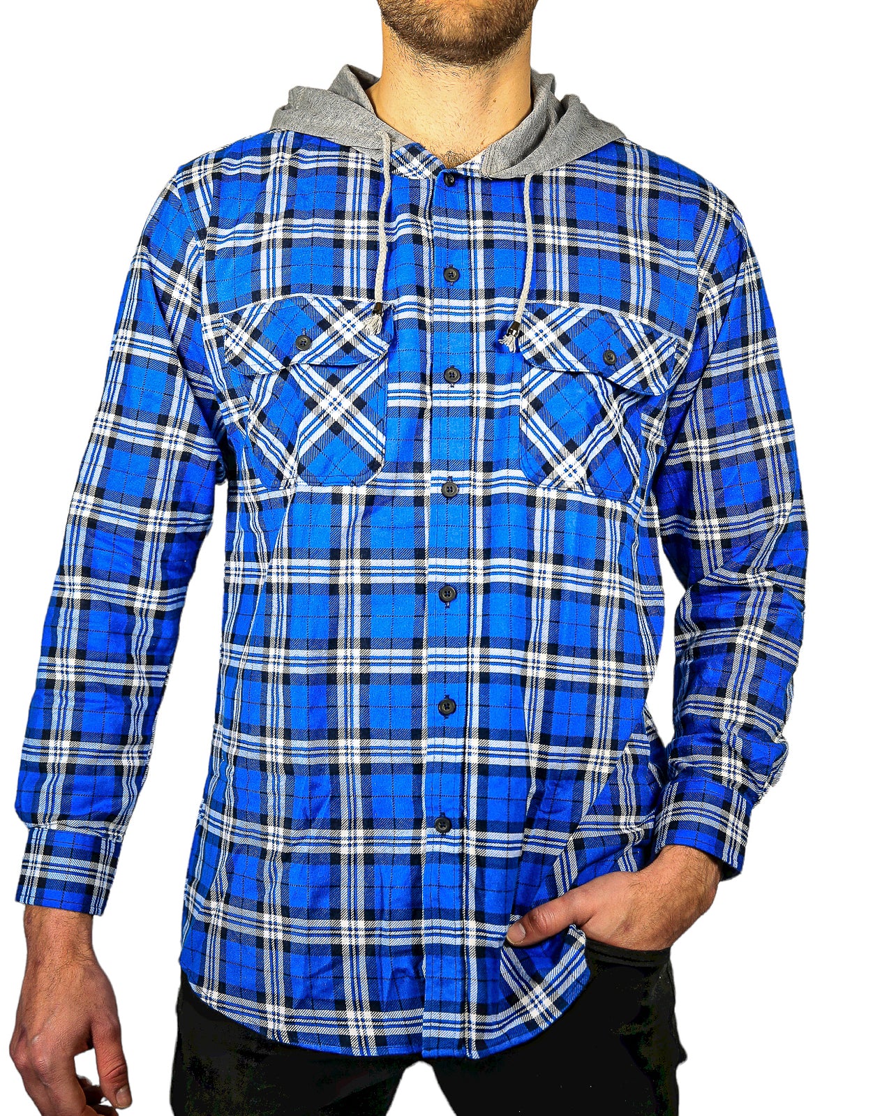 Mens Cotton Flannelette Shirt w Jersey Hood Long Sleeve Flannel - Spanish Blue - L Secondary image