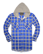 Mens Cotton Flannelette Shirt w Jersey Hood Long Sleeve Flannel - Spanish Blue - XL