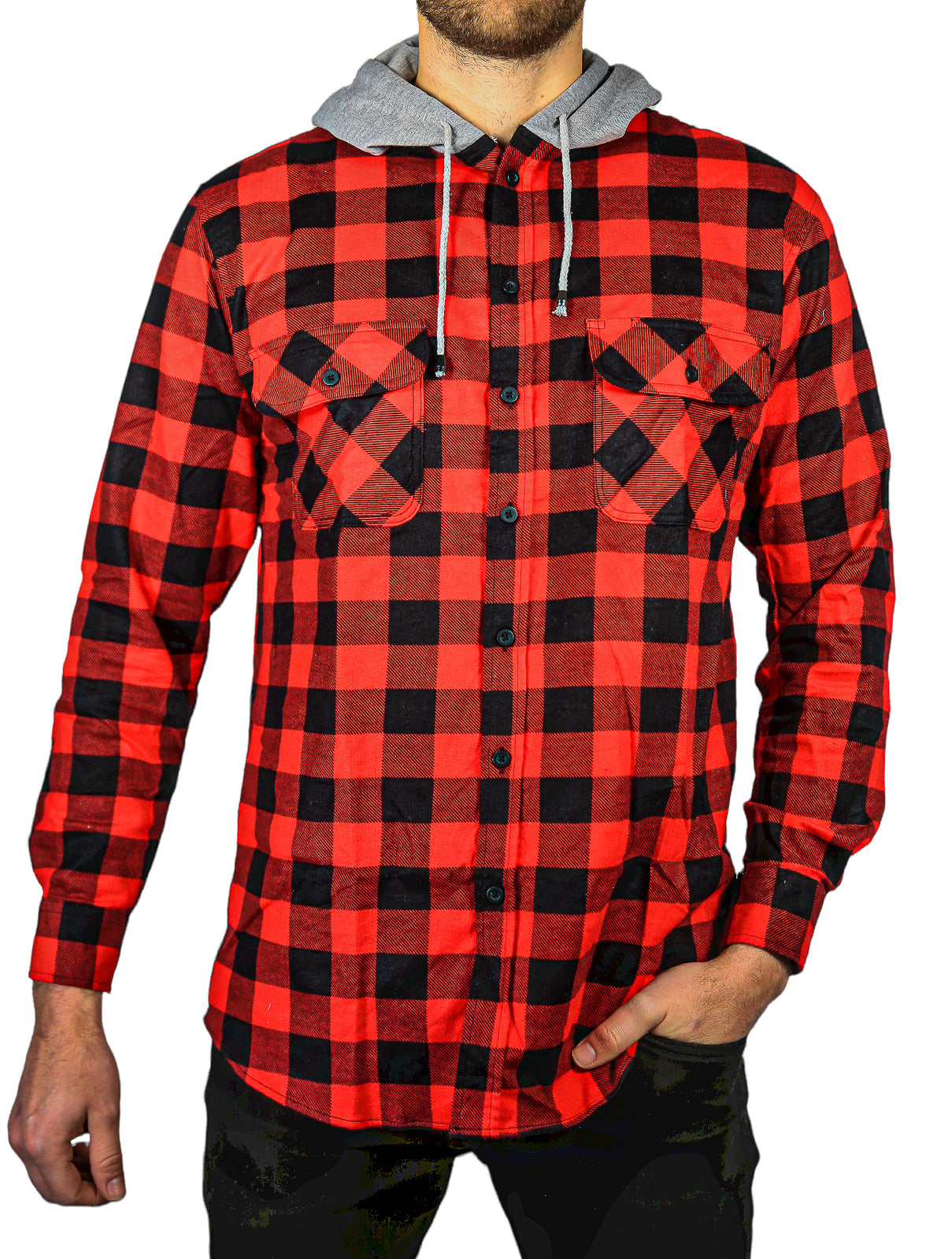 Mens Cotton Flannelette Shirt w Jersey Hood Long Sleeve Flannel - Red/Black - 4XL Secondary image