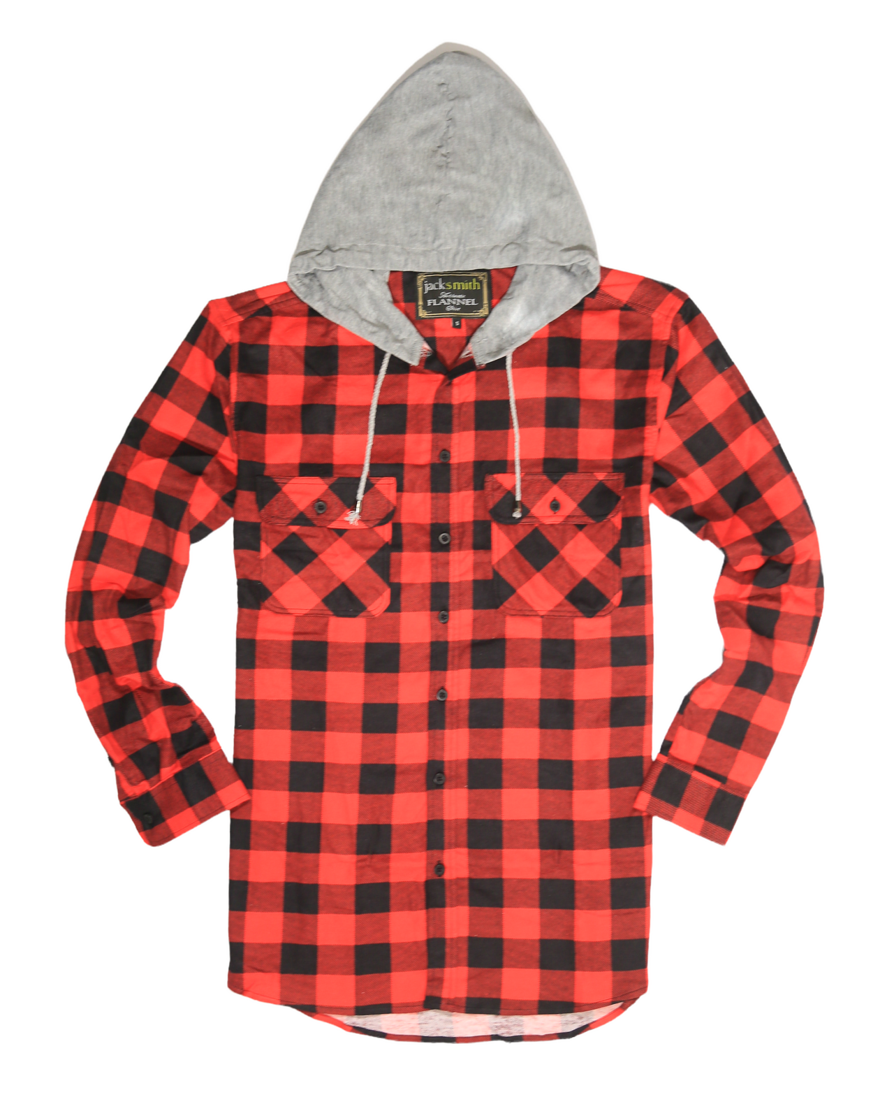 Mens Cotton Flannelette Shirt w Jersey Hood Long Sleeve Flannel - Red/Black - L