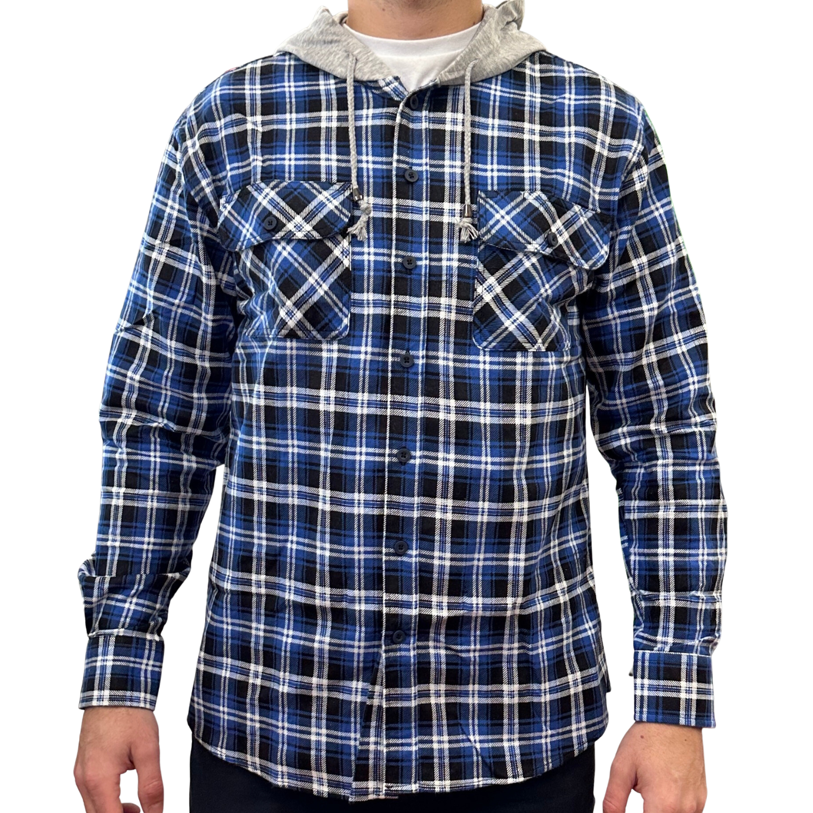 Mens Cotton Flannelette Shirt w Jersey Hood Long Sleeve Flannel - Denim - 2XL Secondary image