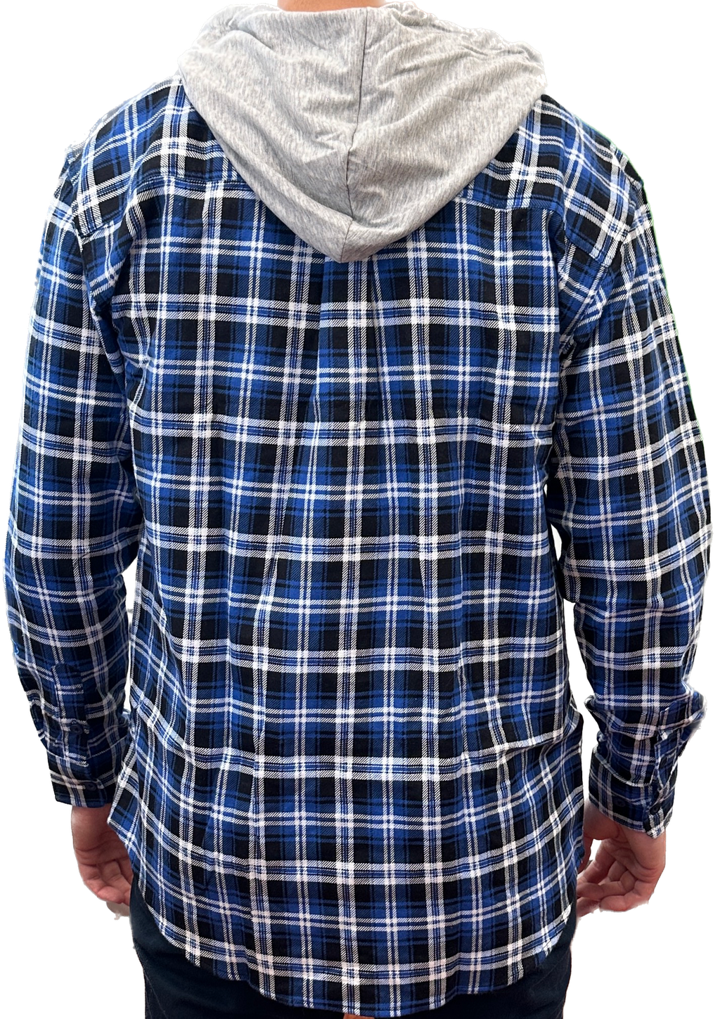 Mens Cotton Flannelette Shirt w Jersey Hood Long Sleeve Flannel - Denim - L