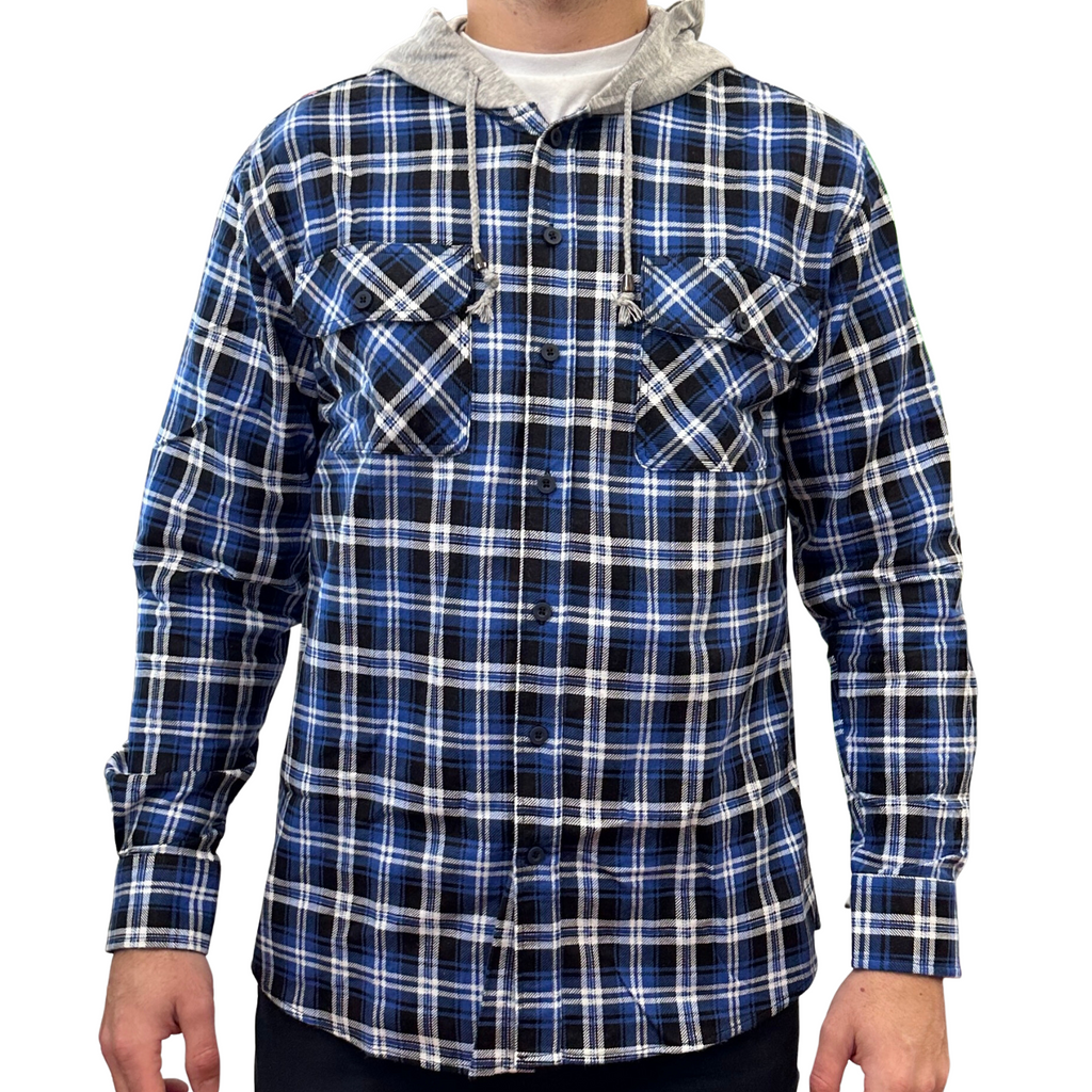 Mens Cotton Flannelette Shirt w Jersey Hood Long Sleeve Flannel - Denim - S