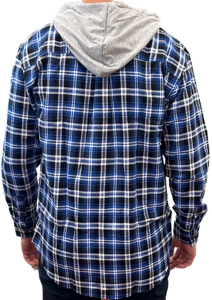 Mens Cotton Flannelette Shirt w Jersey Hood Long Sleeve Flannel - Denim - S