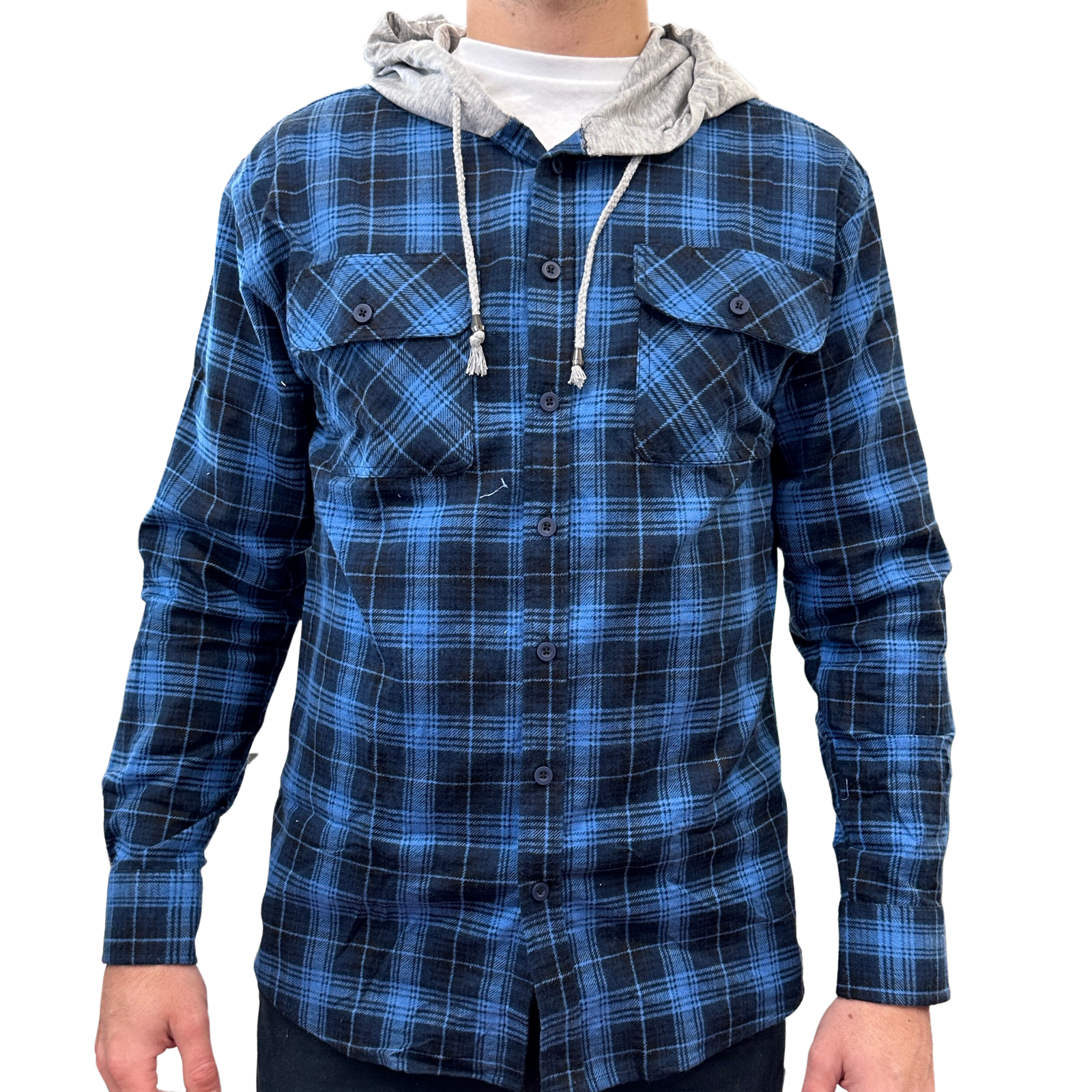 Mens Cotton Flannelette Shirt w Jersey Hood Long Sleeve Flannel - Blue - 2XL Main image