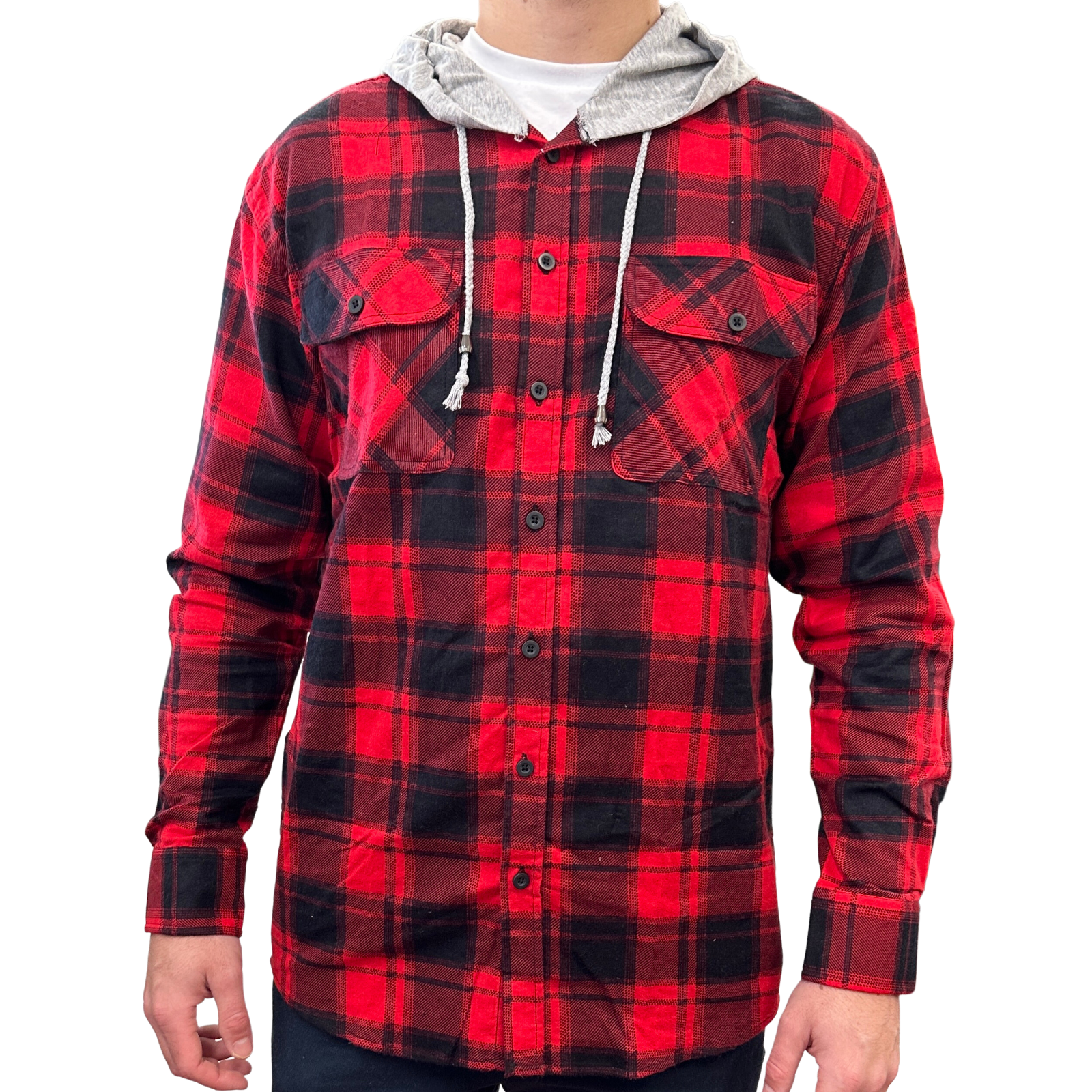 Mens Cotton Flannelette Shirt w Jersey Hood Long Sleeve Flannel - Red - L Main image