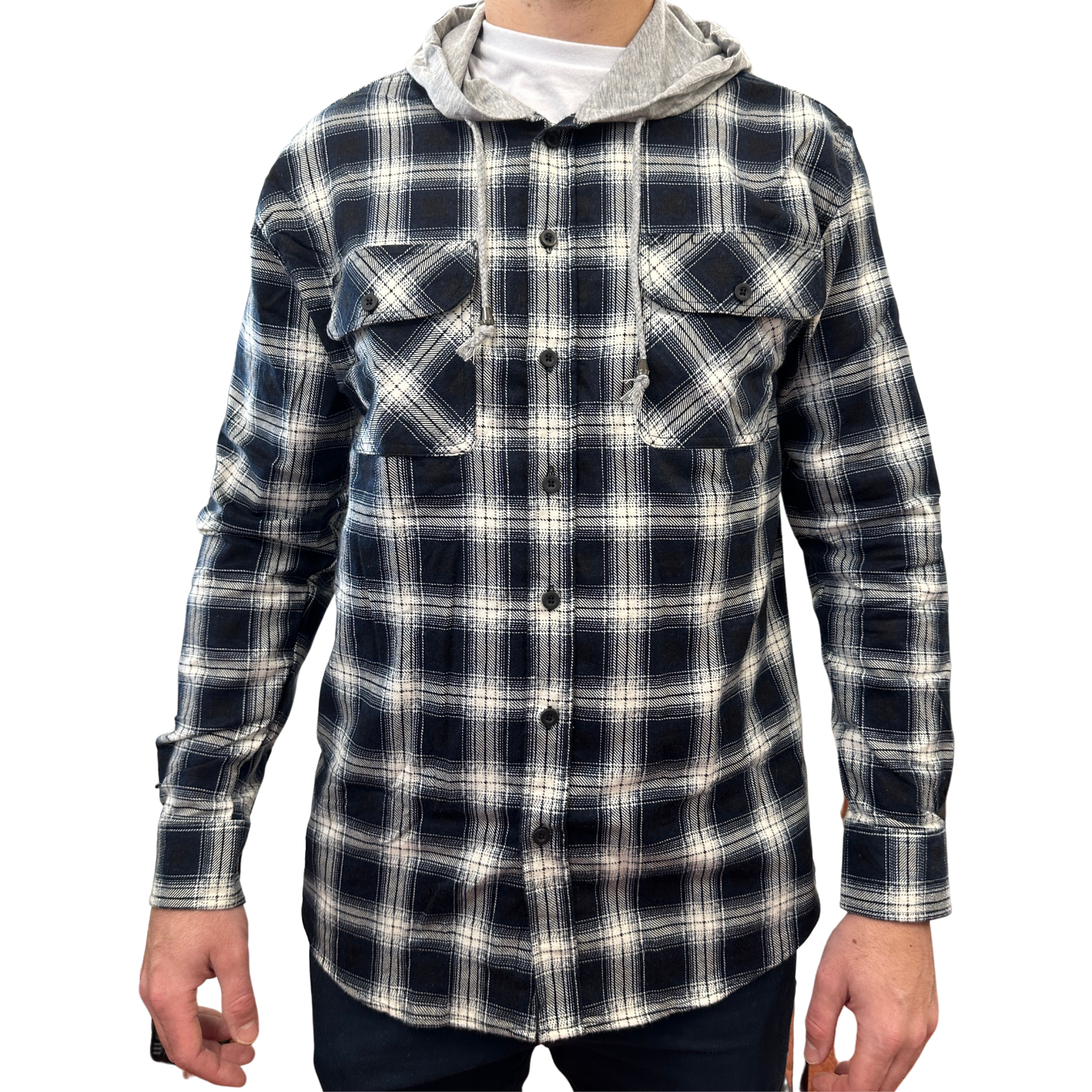 Mens Cotton Flannelette Shirt w Jersey Hood Long Sleeve Flannel - Black - XL Secondary image