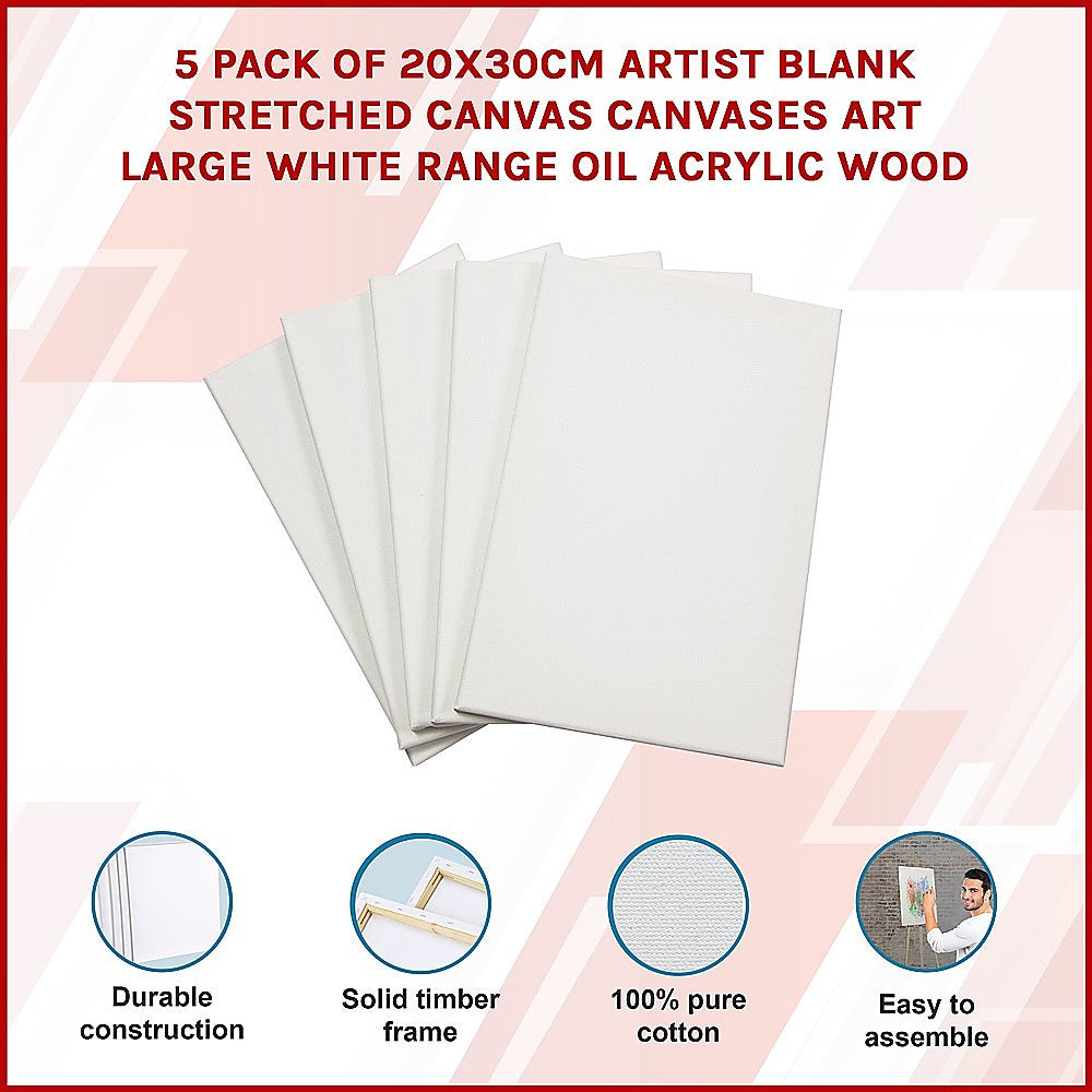 5 pack of 20x30cm Artist Blank Stretched Canvas Canvases Art Large White Range Oil Acrylic Wood Secondary image