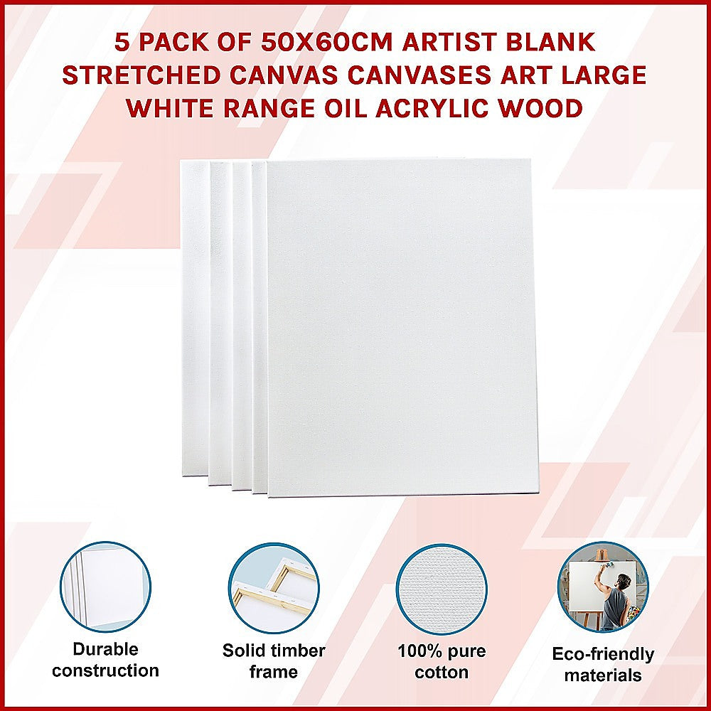 5 pack of 50x60cm Artist Blank Stretched Canvas Canvases Art Large White Range Oil Acrylic Wood Secondary image