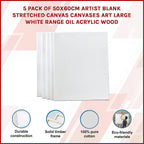 5 pack of 50x60cm Artist Blank Stretched Canvas Canvases Art Large White Range Oil Acrylic Wood