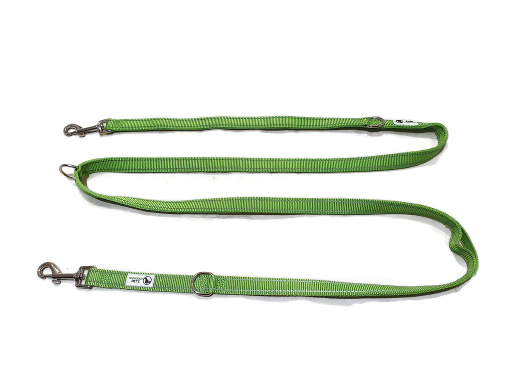 Multi Dog Lead - Nylon w/Reflective Stitching - Double Clip ,Coupler, Waist Belt, Short/Long, Quicktie - Moondidley Pets 20mm Green Main image