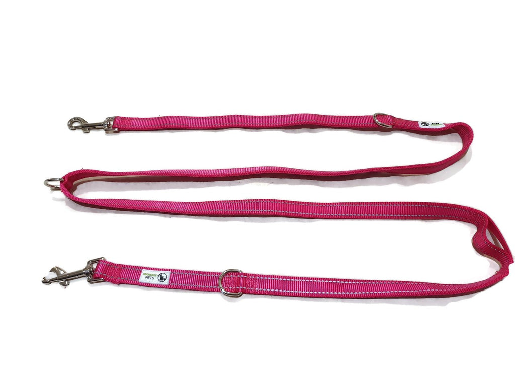 Multi Dog Lead - Nylon w/Reflective Stitching - Double Clip ,Coupler, Waist Belt, Short/Long, Quicktie - Moondidley Pets 20mm Pink Main image