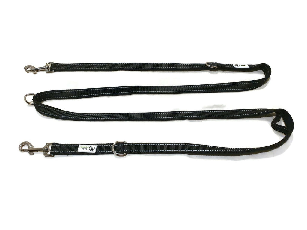 Multi Dog Lead - Nylon w/Reflective Stitching - Double Clip ,Coupler, Waist Belt, Short/Long, Quicktie - Moondidley Pets 25mm Black Main image