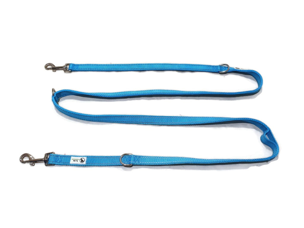 Multi Dog Lead - Nylon w/Reflective Stitching - Double Clip ,Coupler, Waist Belt, Short/Long, Quicktie - Moondidley Pets 25mm Light Blue Main image