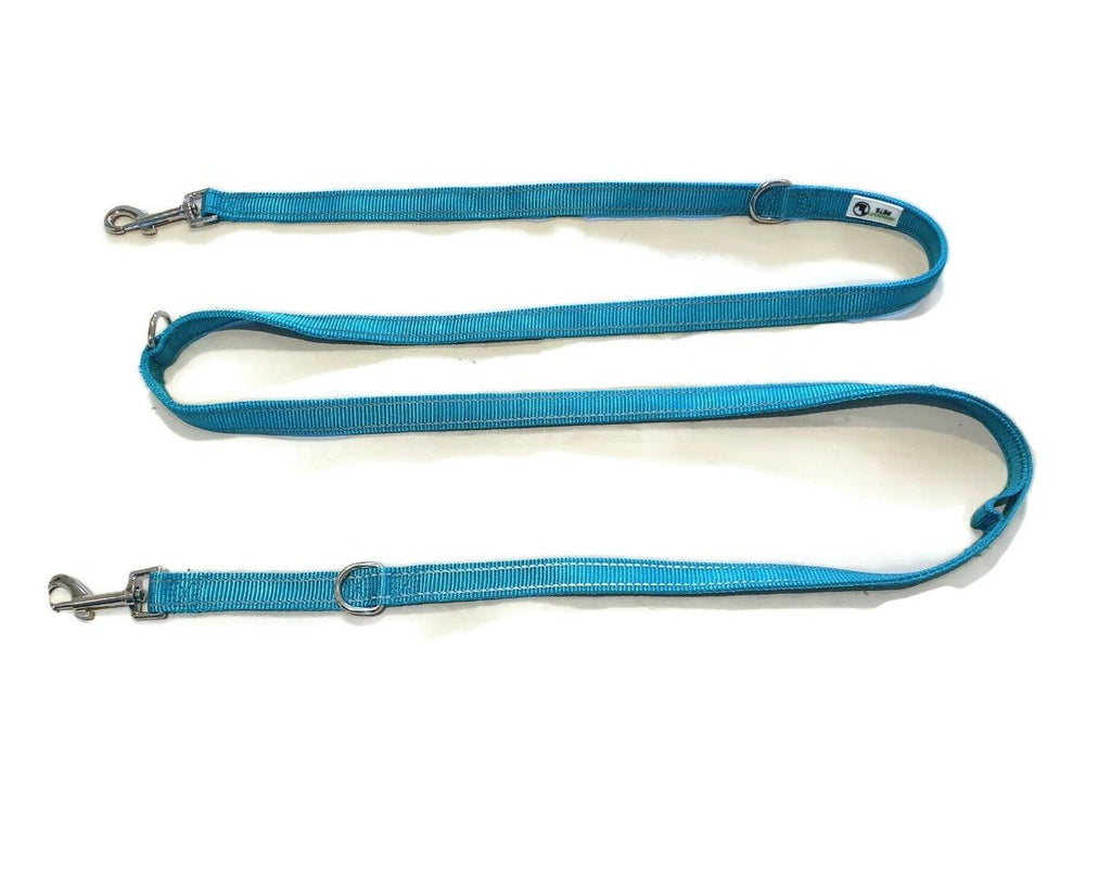 Multi Dog Lead - Nylon w/Reflective Stitching - Double Clip ,Coupler, Waist Belt, Short/Long, Quicktie - Moondidley Pets 25mm Turquoise Main image