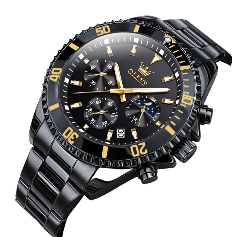 NNEOBA Waterproof Moon Phase Quartz Wristwatch - All Black Main image