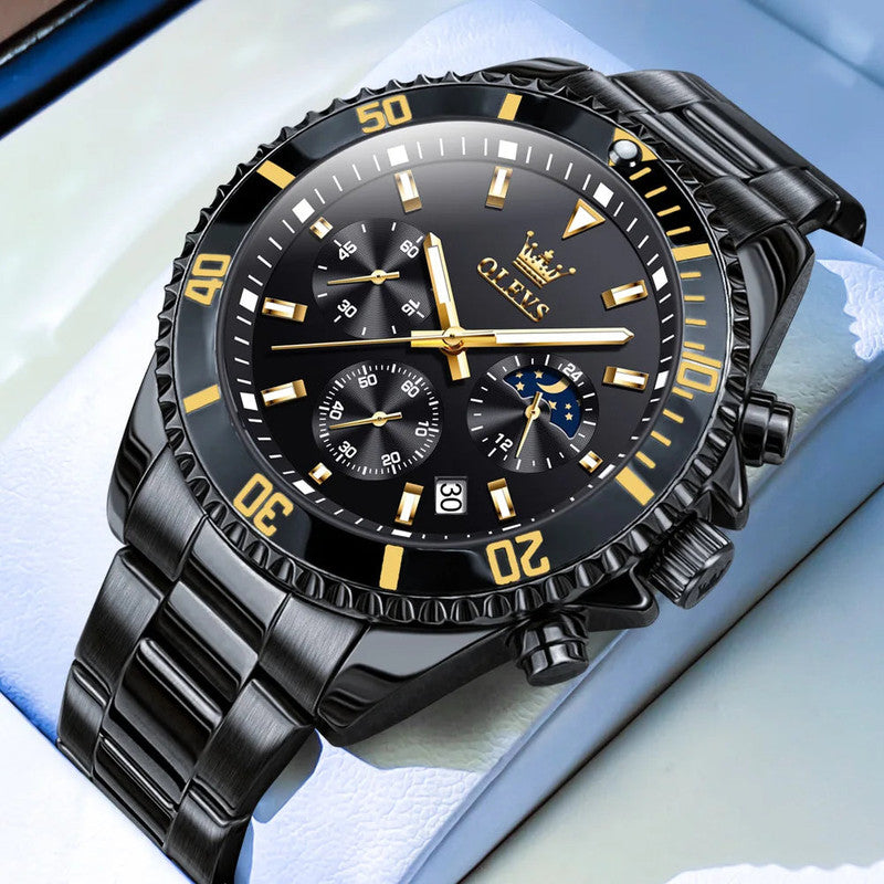 NNEOBA Waterproof Moon Phase Quartz Wristwatch - All Black Secondary image