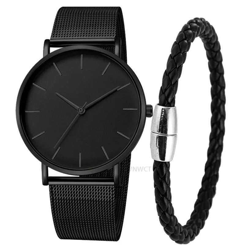 NNEOBA Mens Ultra Thin Magnetic Bracelet Quartz Watch - All-Black Slim Mesh Steel Secondary image