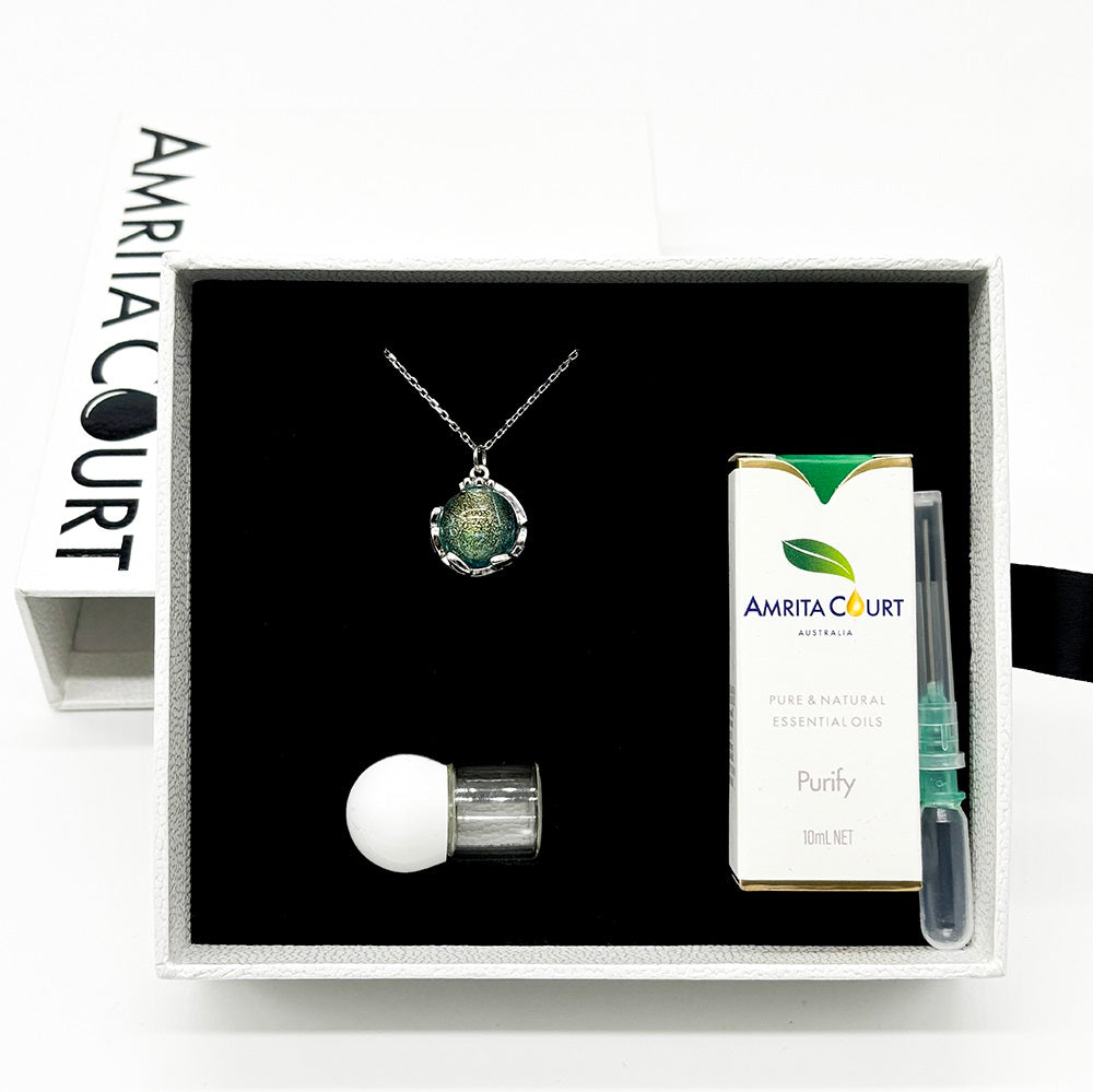 Gift Box - Aroma Necklace White Gold - Planet Celestial Aqua (Light Blue) + Purify Oil Blend Main image