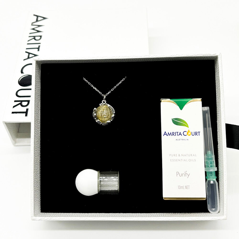 Gift Box - Aroma Necklace White Gold - Planet Stardust Crystal (Gold Clear) + Purify Oil Blend Main image