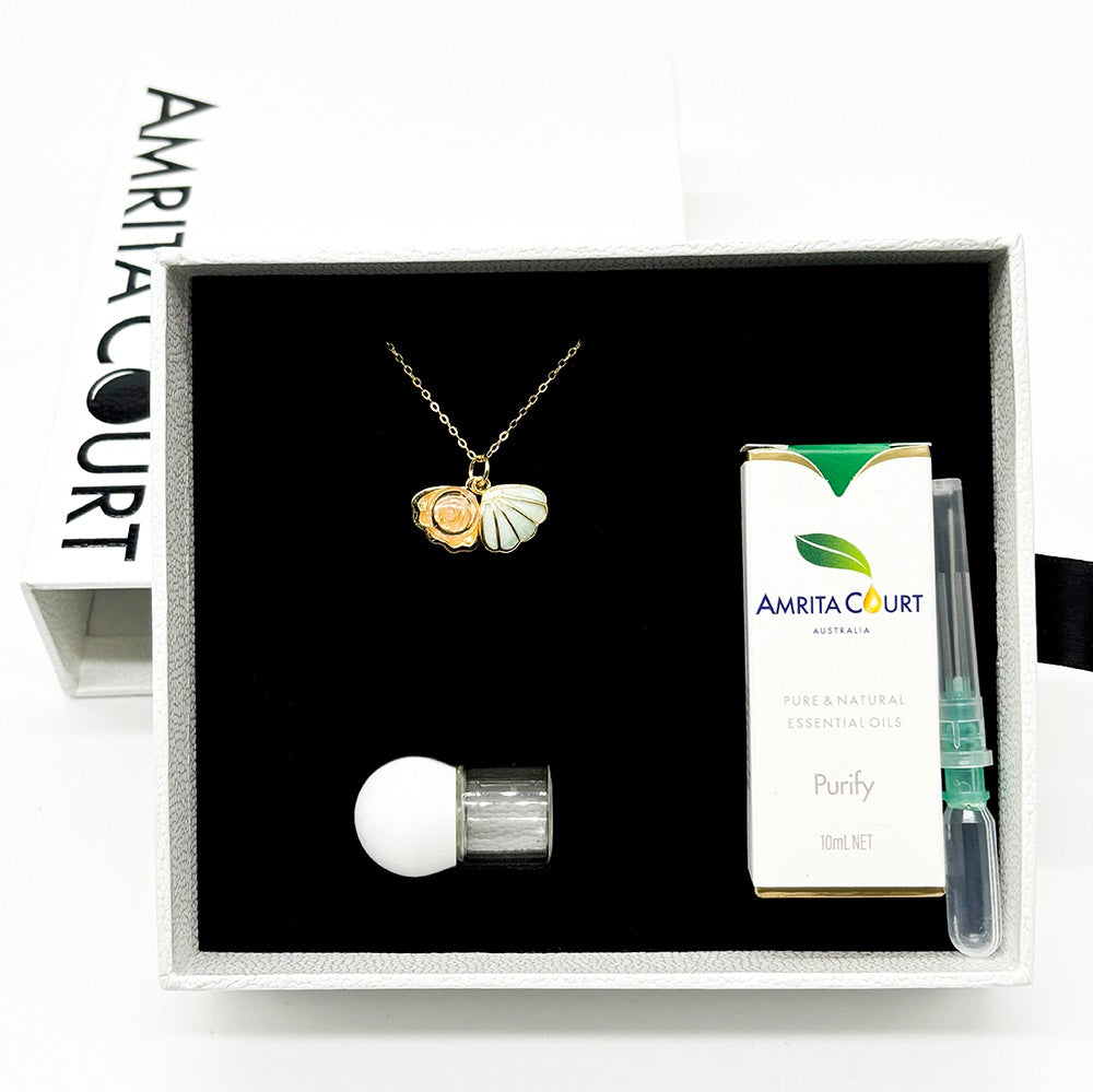 Gift Box - Aroma Necklace 925 Silver, Gold coated - Green Shell Paradise Peach (Pink) + Purify Oil Blend Main image