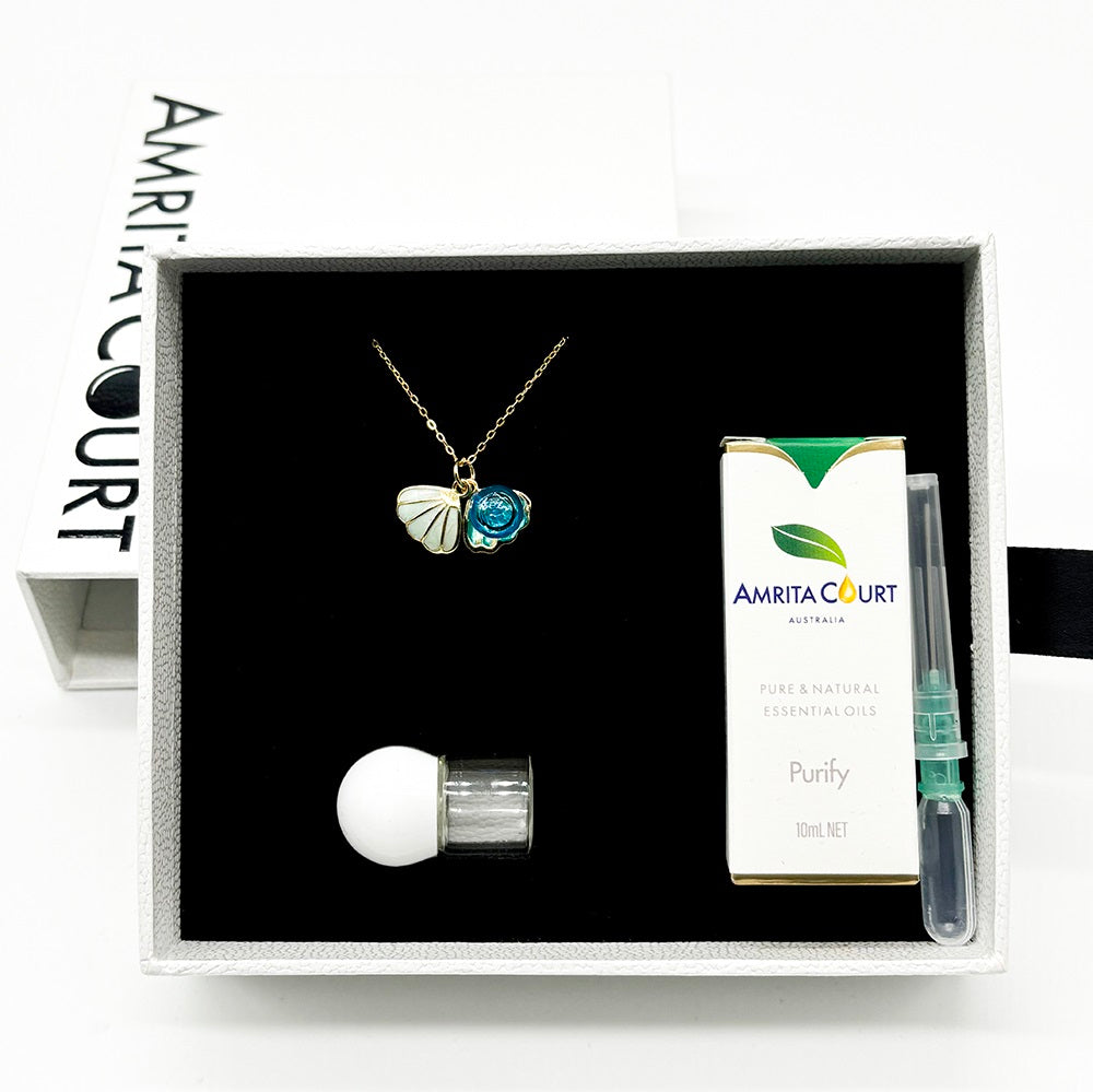 Gift Box - Aroma Necklace 925 Silver, Gold coated - Green Shell Ocean Breeze (Light blue) + Purify Oil Blend Main image