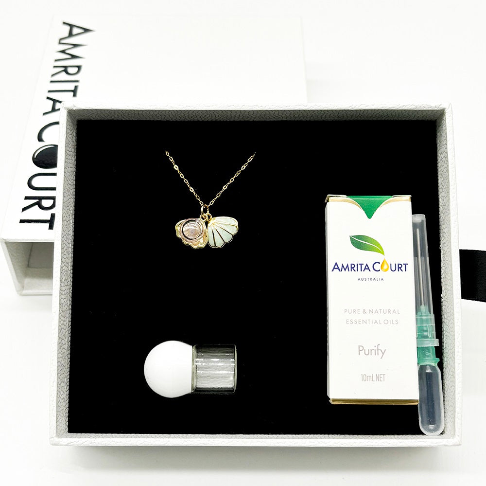 Gift Box - Aroma Necklace 925 Silver, Gold coated - Green Shell Dreamy Lavender (Light Purple) + Purify Oil Blend Main image