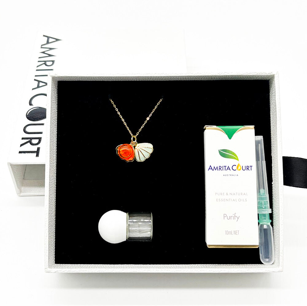 Gift Box - Aroma Necklace 925 Silver, Gold coated - Green Shell Sunset Coral (Bright Red Orange) + Purify Oil Blend Main image