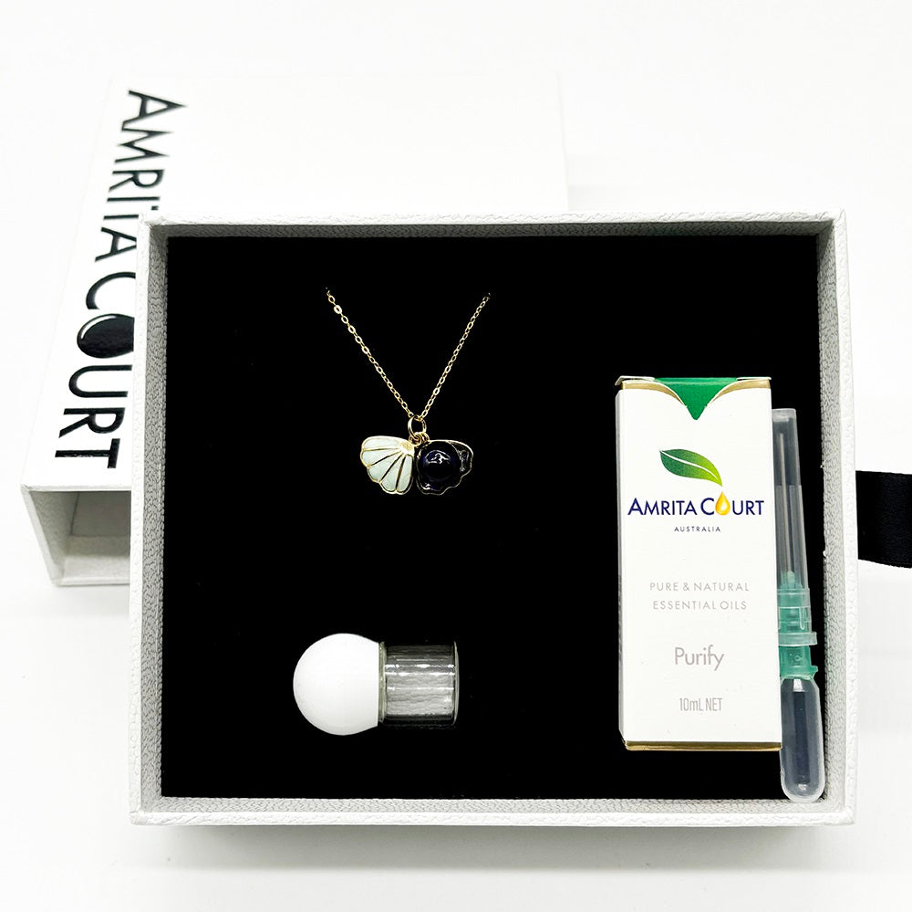 Gift Box - Aroma Necklace 925 Silver, Gold coated - Green Shell Ocean Depth (Dark Blue) + Purify Oil Blend Main image
