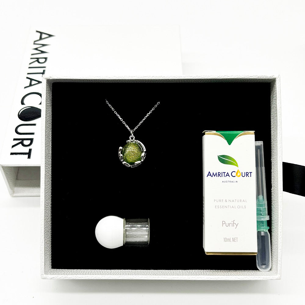 Gift Box - Aroma Necklace White Gold - Planet Aurum Verdant (Gold Green) + Purify Oil Blend Main image
