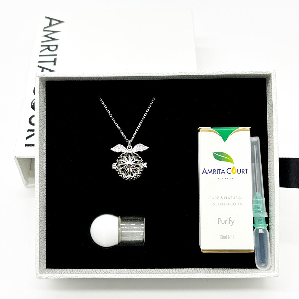 Gift Box - Angel Ball White Gold Aroma Necklace + Purify Oil Blend Main image