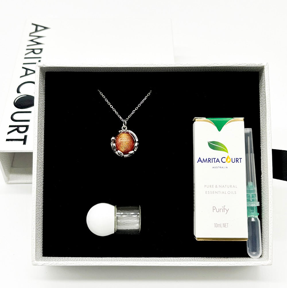 Gift Box - Aroma Necklace White Gold - Planet Solstice Sunburst (Fire Red) + Purify Oil Blend Main image