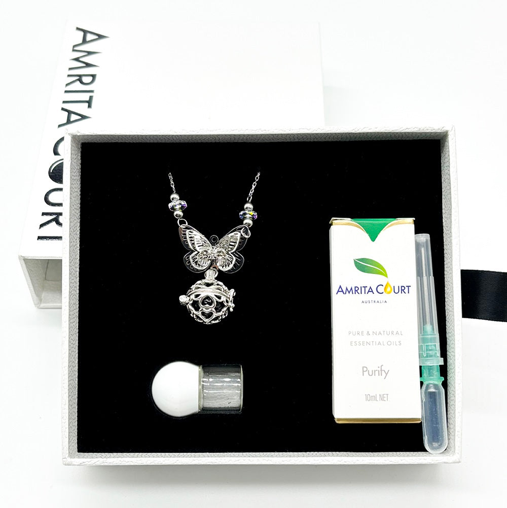 Gift Box - Butterfly White Gold Aroma Necklace + Purify Oil Blend Main image