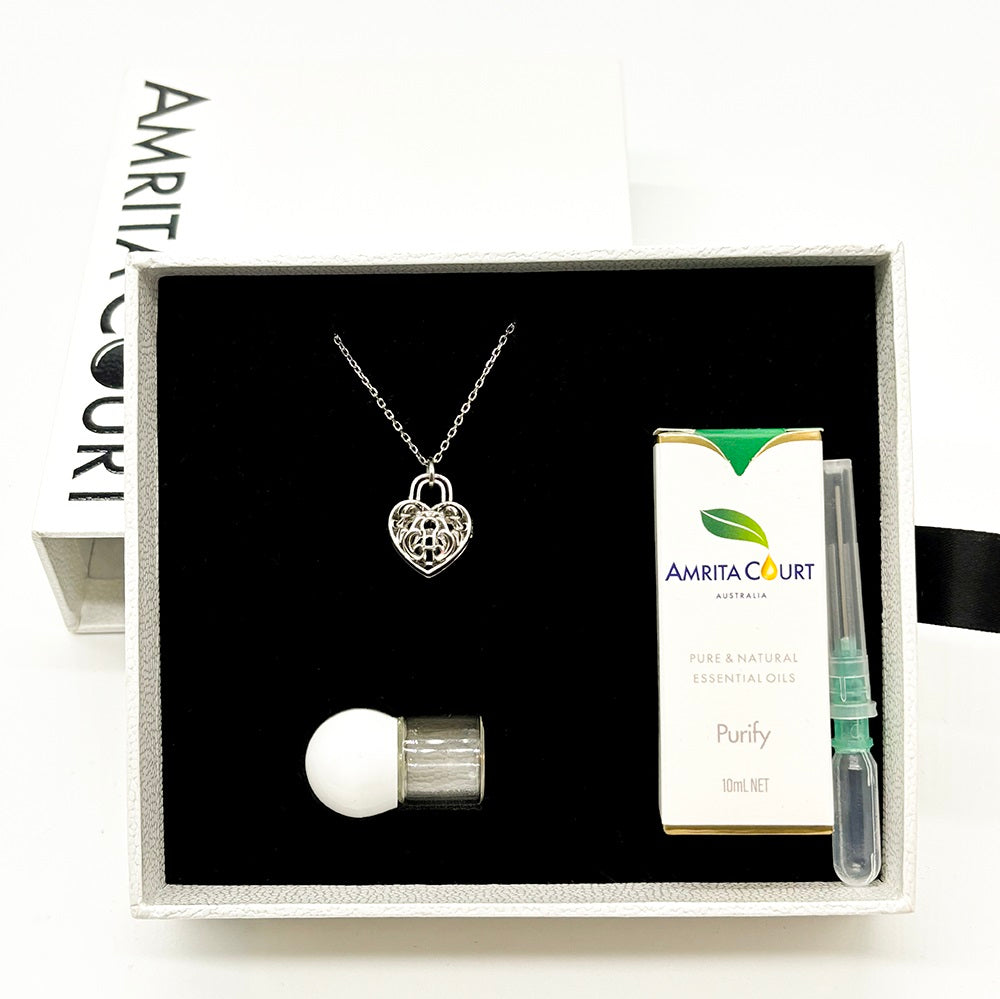Gift Box - Heart Lock White Gold Aroma Necklace + Purify Oil Blend Main image