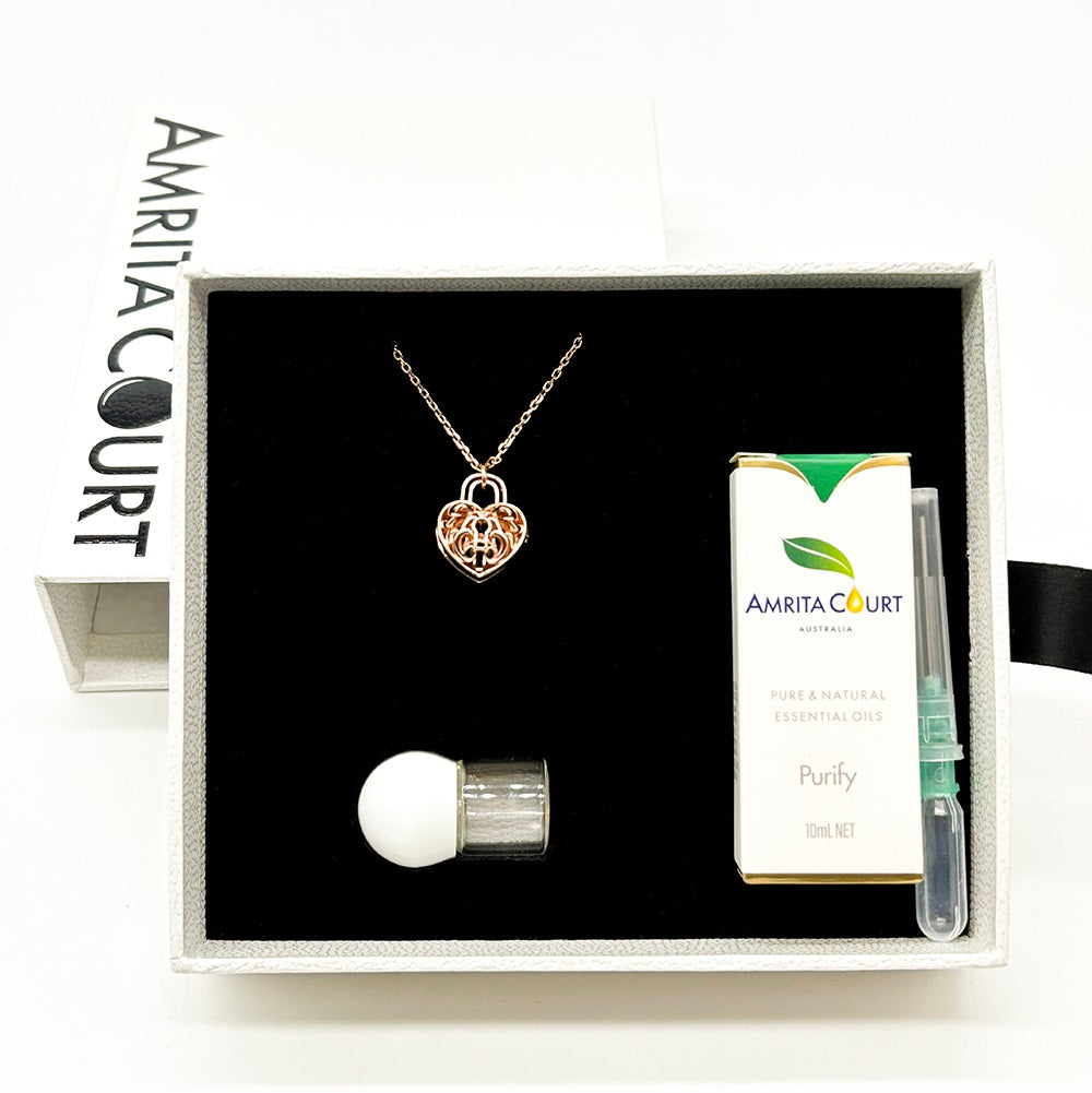 Gift Box - Heart Lock Rose Gold Aroma Necklace + Purify Oil Blend Main image