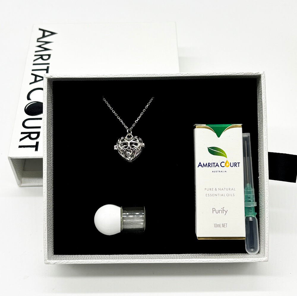 Gift Box - Love Heart White Gold Aroma Necklace + Purify Oil Blend Main image
