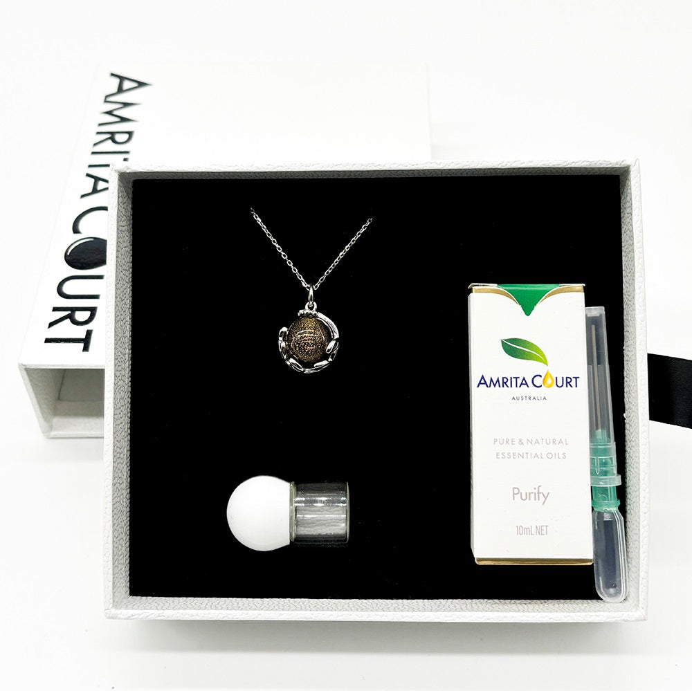 Gift Box - Aroma Necklace White Gold - Planet Plutonian Amethyst (Golden Purple) + Purify Oil Blend Main image