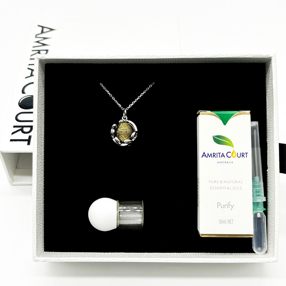 Gift Box - Aroma Necklace White Gold - Planet Stellar Midnight (Golden dark blue) + Purify Oil Blend Main image