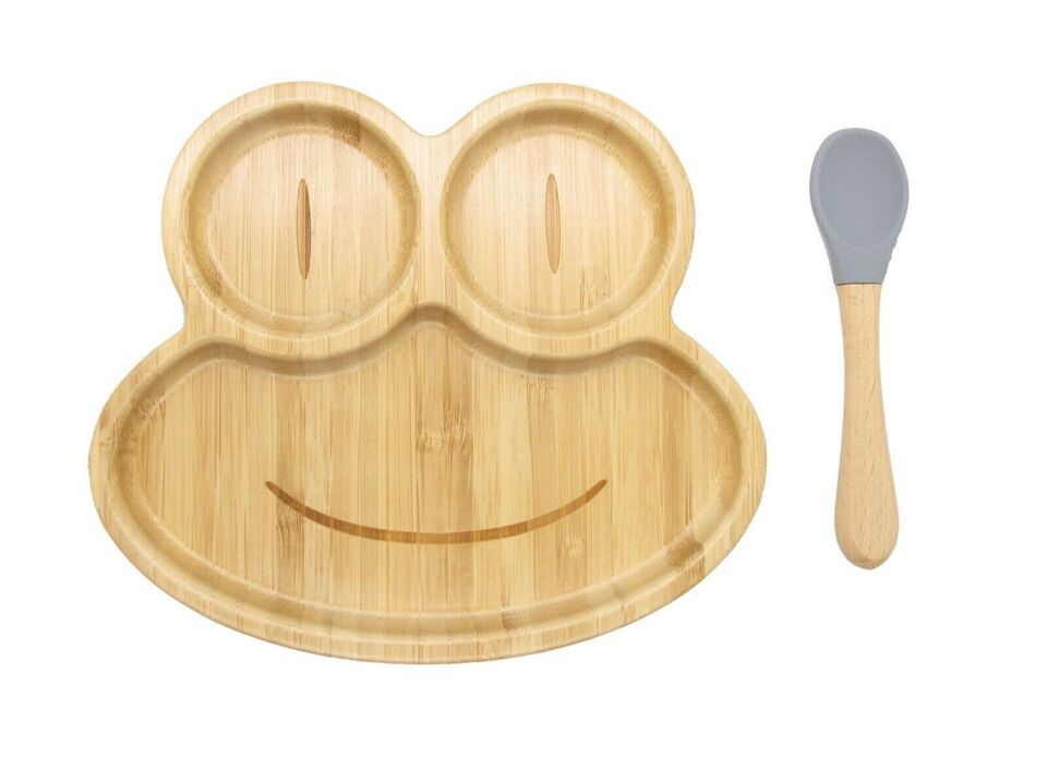Bamboo Kids Children Baby Plate Bowl & Silicon Suction Cap Base & Spoon - Frog Main image