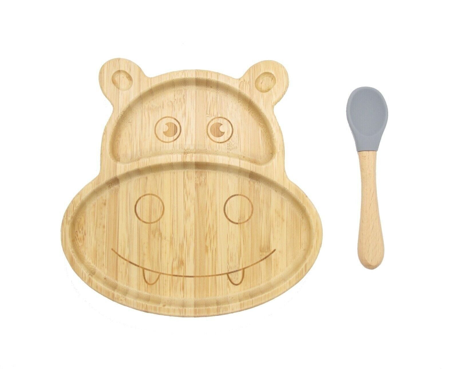 Bamboo Kids Children Baby Plate Bowl & Silicon Suction Cap Base & Spoon - Hippo Main image
