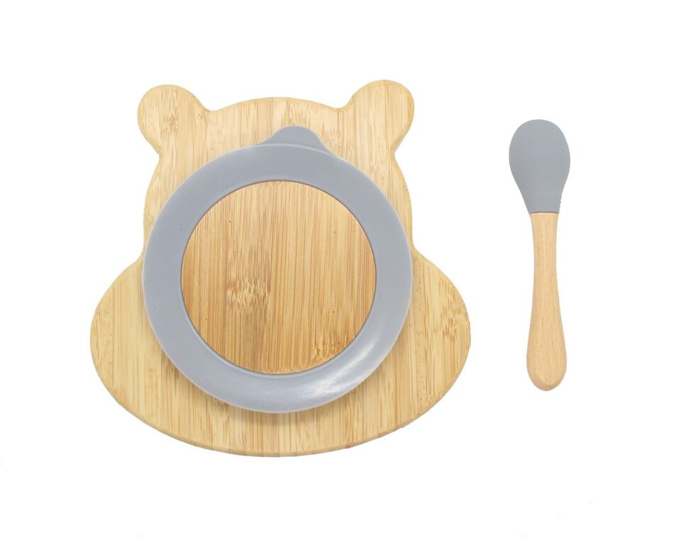Bamboo Kids Children Baby Plate Bowl & Silicon Suction Cap Base & Spoon - Hippo Secondary image
