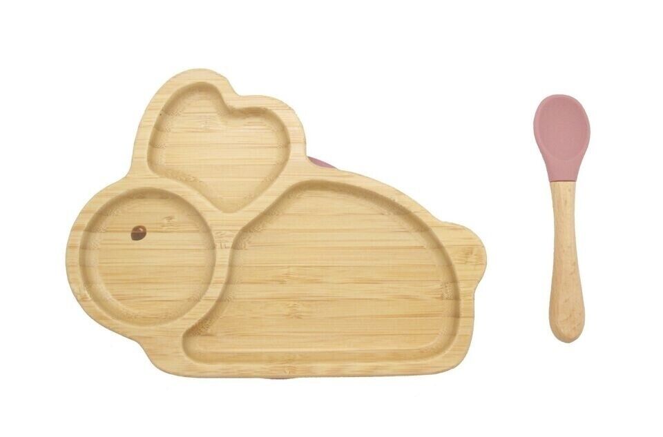 Bamboo Kids Children Baby Plate Bowl & Silicon Suction Cap Base & Spoon - Rabbit Main image