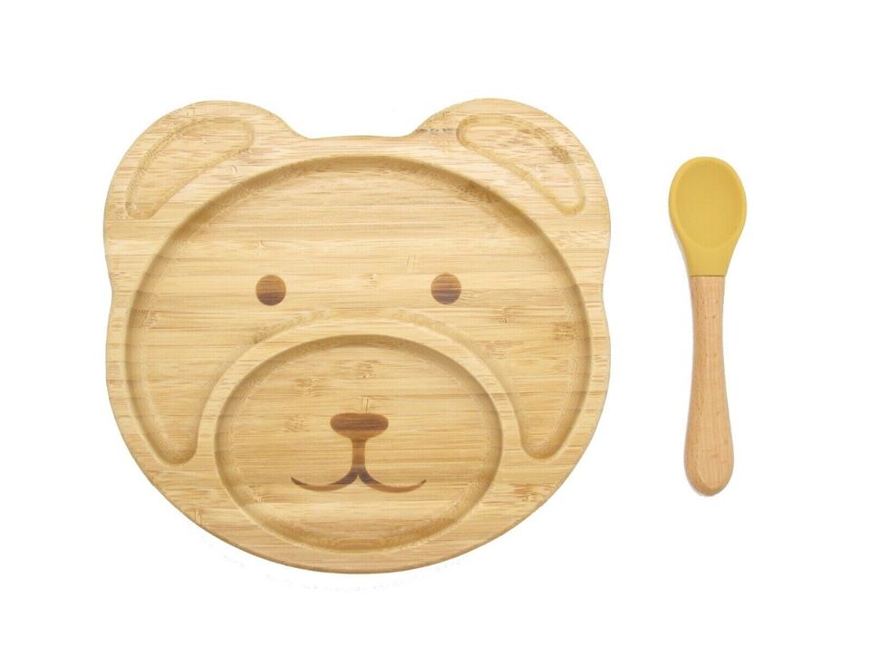 Bamboo Kid Child Baby Plate Bowl & Silicon Suction Cap Base & Spoon - Teddy Bear Main image