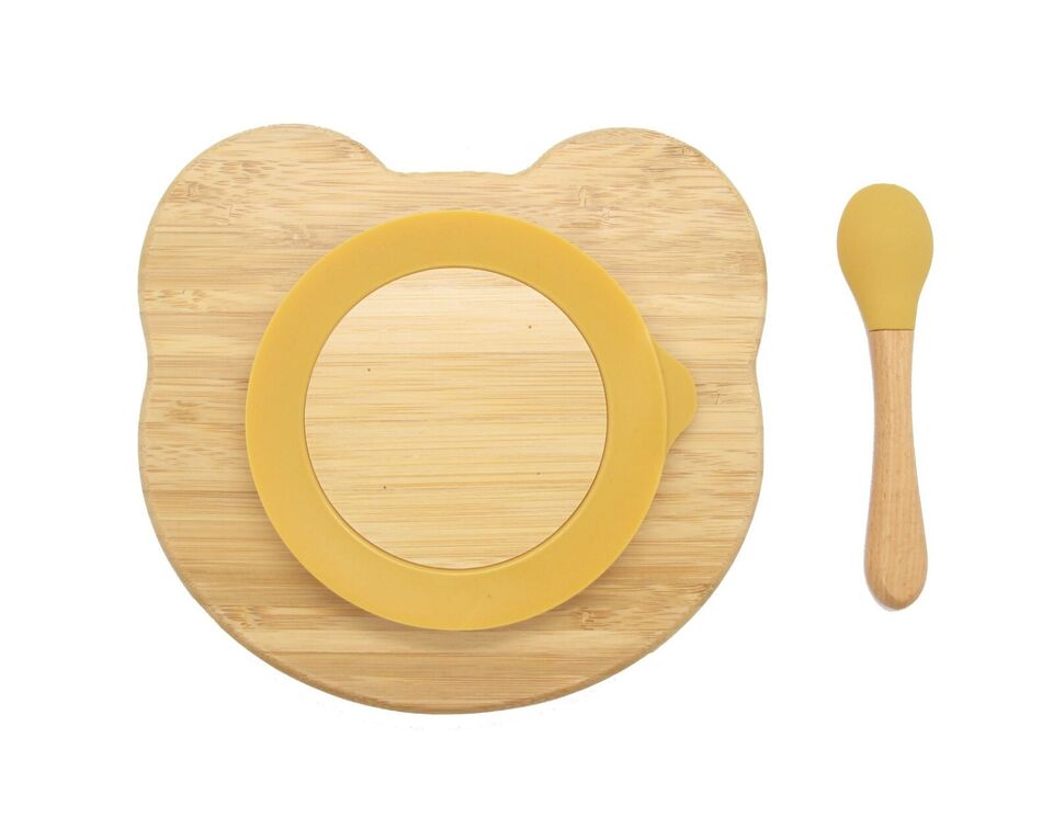 Bamboo Kid Child Baby Plate Bowl & Silicon Suction Cap Base & Spoon - Teddy Bear Secondary image