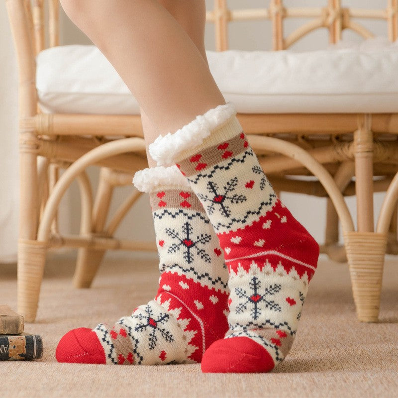 Festive Plush Christmas Socks , Warm Winter Slipper Socks with Snowflake Pattern, Non-slip floor socks Red Snowflake Main image