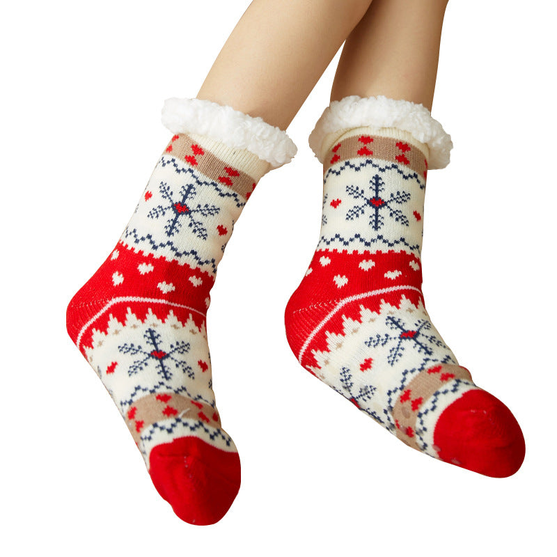 Festive Plush Christmas Socks , Warm Winter Slipper Socks with Snowflake Pattern, Non-slip floor socks Red Snowflake Secondary image