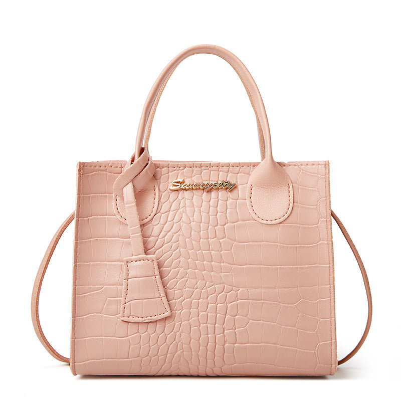 Elegant Crocodile Embossed Faux Leather Handbag - Pink Tote with Dual Handle for Women 20*16*9cm Main image